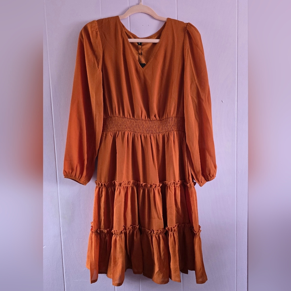Rust Tiered V-Neck Long Sleeve Dress - Small